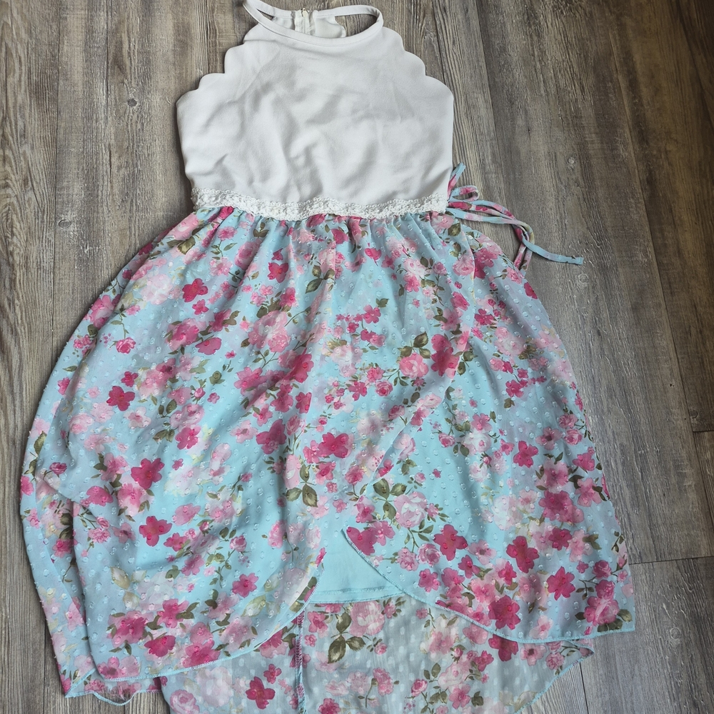 Speechless White Halter Dress with Pink Floral Blue Skirt